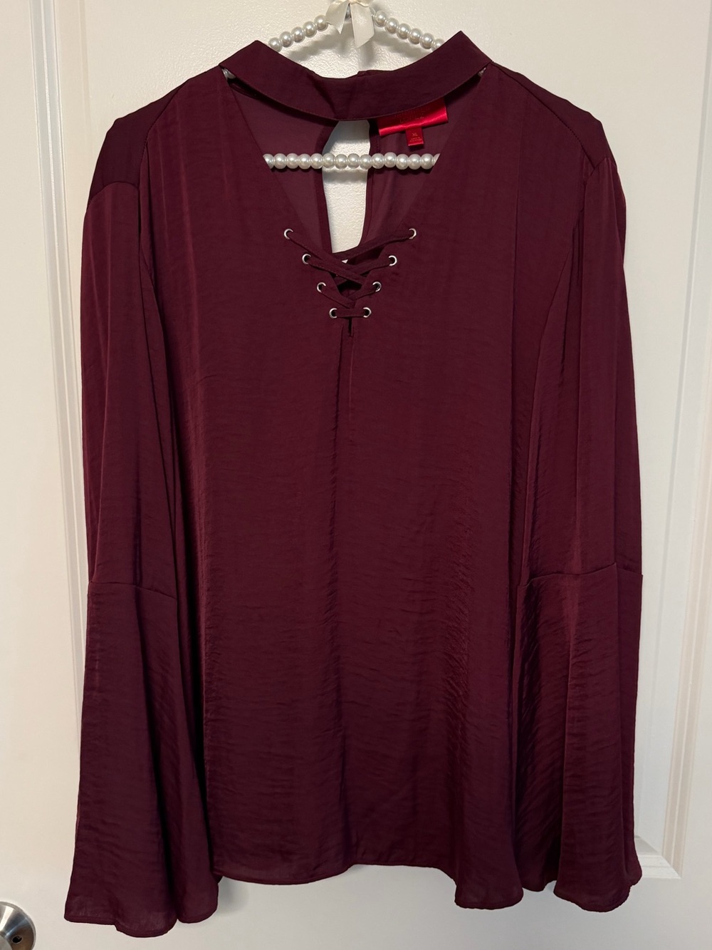 Jennifer Lopez Burgundy Lace-Up V-Neck Long Sleeve Blouse